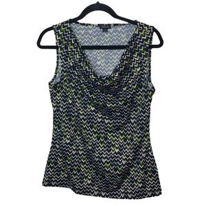 Tahari Black Green Geometric Print Cowl Neck Sleeveless Blouse Small